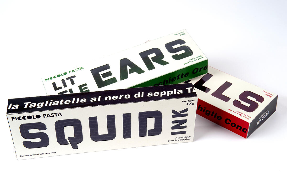Piccolo Pasta typography-focused packaging design